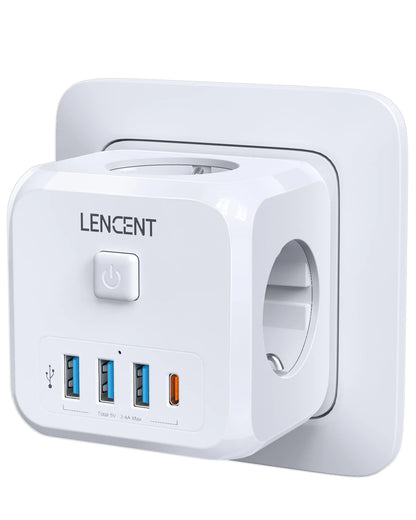 LENCENT EU Plug Power Strip with  3 AC Outlets +3 USB Charging Ports+ 1 Type C 5V 2.4A  Adapter 7-in-1 Plug Socket On/Off Switch