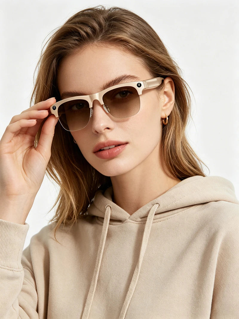 Semi-frame 1200W Pixel Camera Glasses with AI Voice Translation Smart Bluetooth Features Includes 3 Lense Travel Office