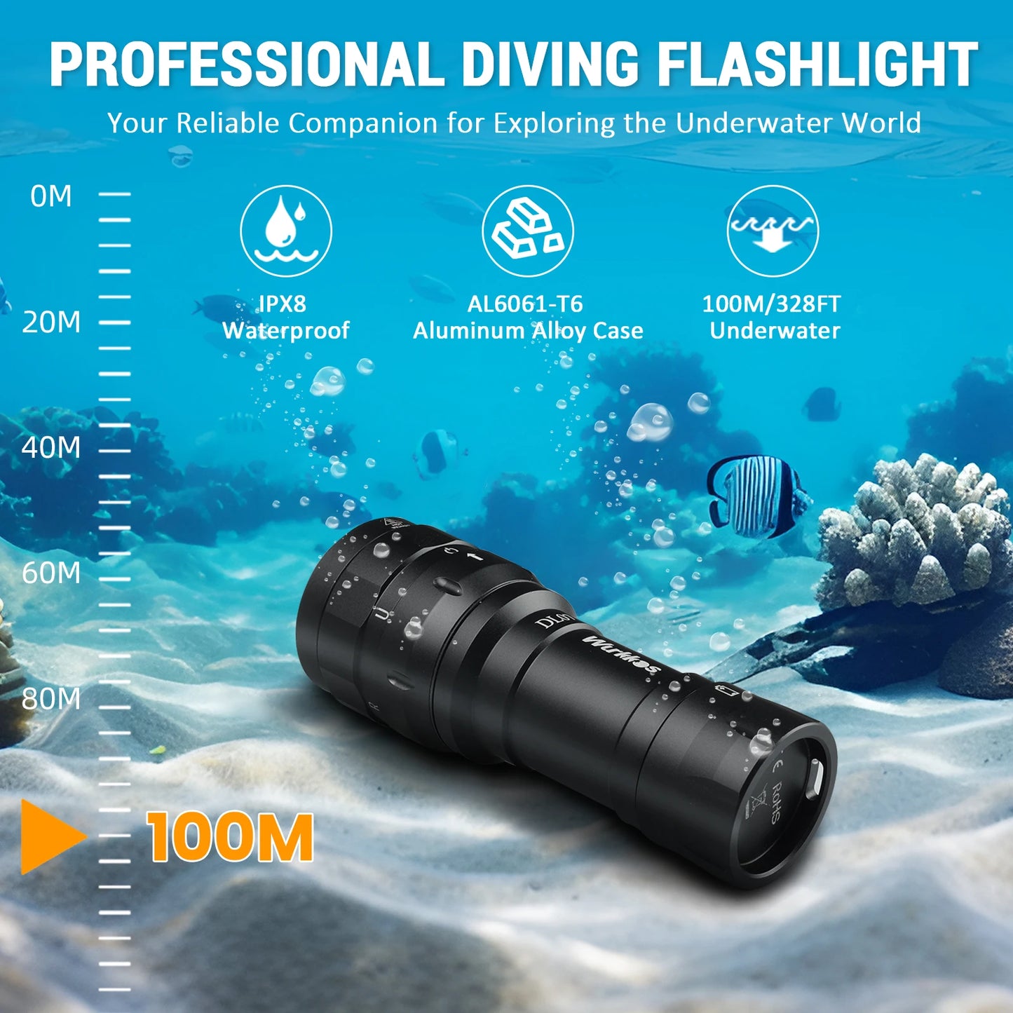Wurkkos DL07 Scuba Diving Flashlight 26650 Multi Color LED Lamp White Red Light 3000LM EDC Underwater Lantern IPX8 Rotary Switch