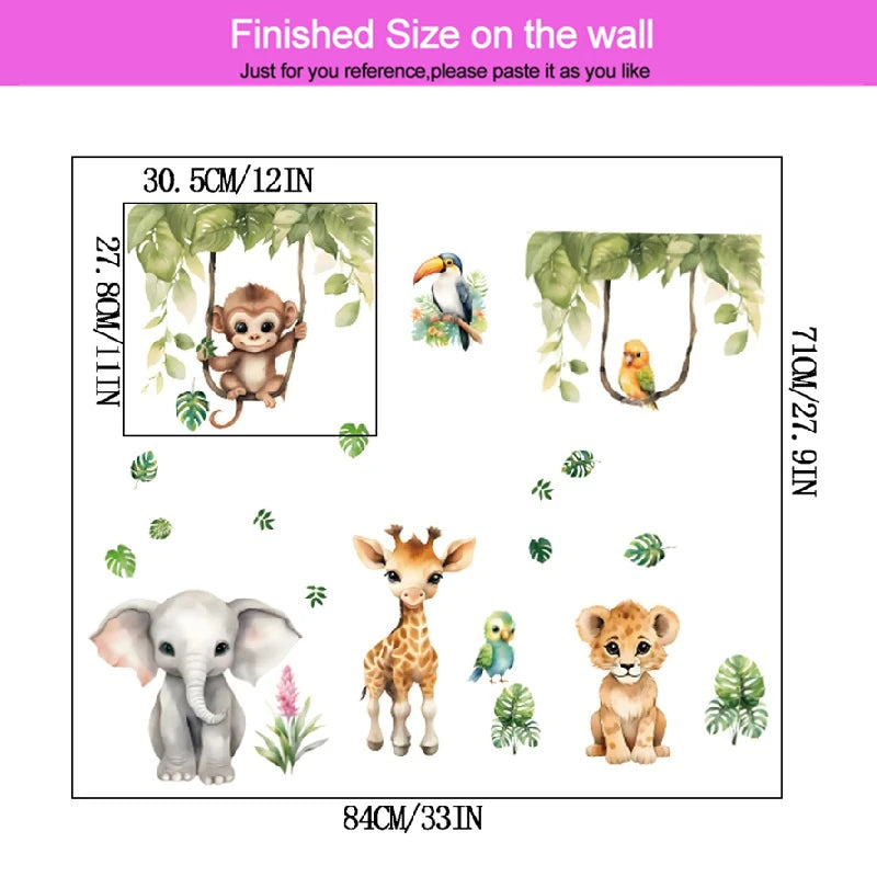 Funny Animals Party Wall Sticker For Kids Bedroom Decoration Forest Safari Monkey Elephant Mural Art Diy Home Decals Pvc Posters