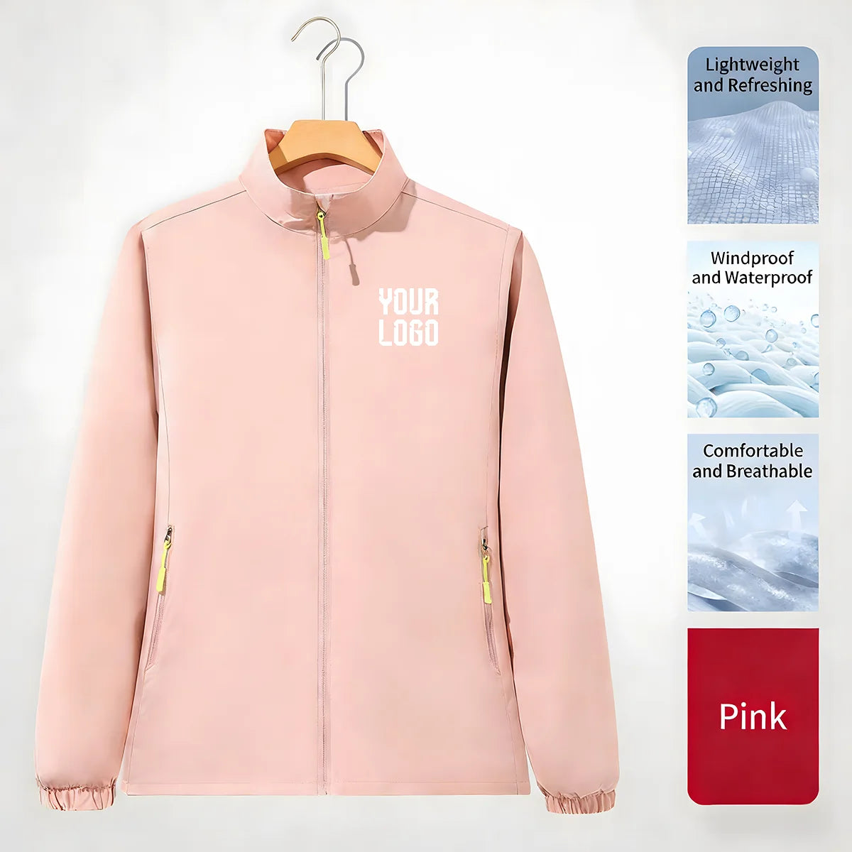 Stand collar zipper outdoor windbreaker, unisex UV-resistant waterproof jacket, customizable LOGO