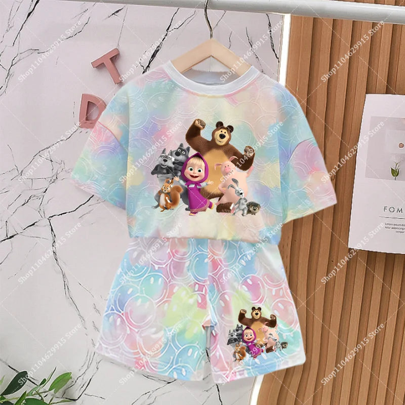 Mashas and The Bear Sets Summer Outdoor Breathable Soft Lightweight Casual Tracksuit Kawaii Anime Fashion Smile Outfit Set Gifts