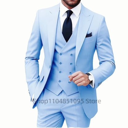 Slim Fit 3-Piece Men's Suit Set for Office Formal Business Wedding Groom Tuxedos Jacket Vest Pants Casual Male Men Clothing