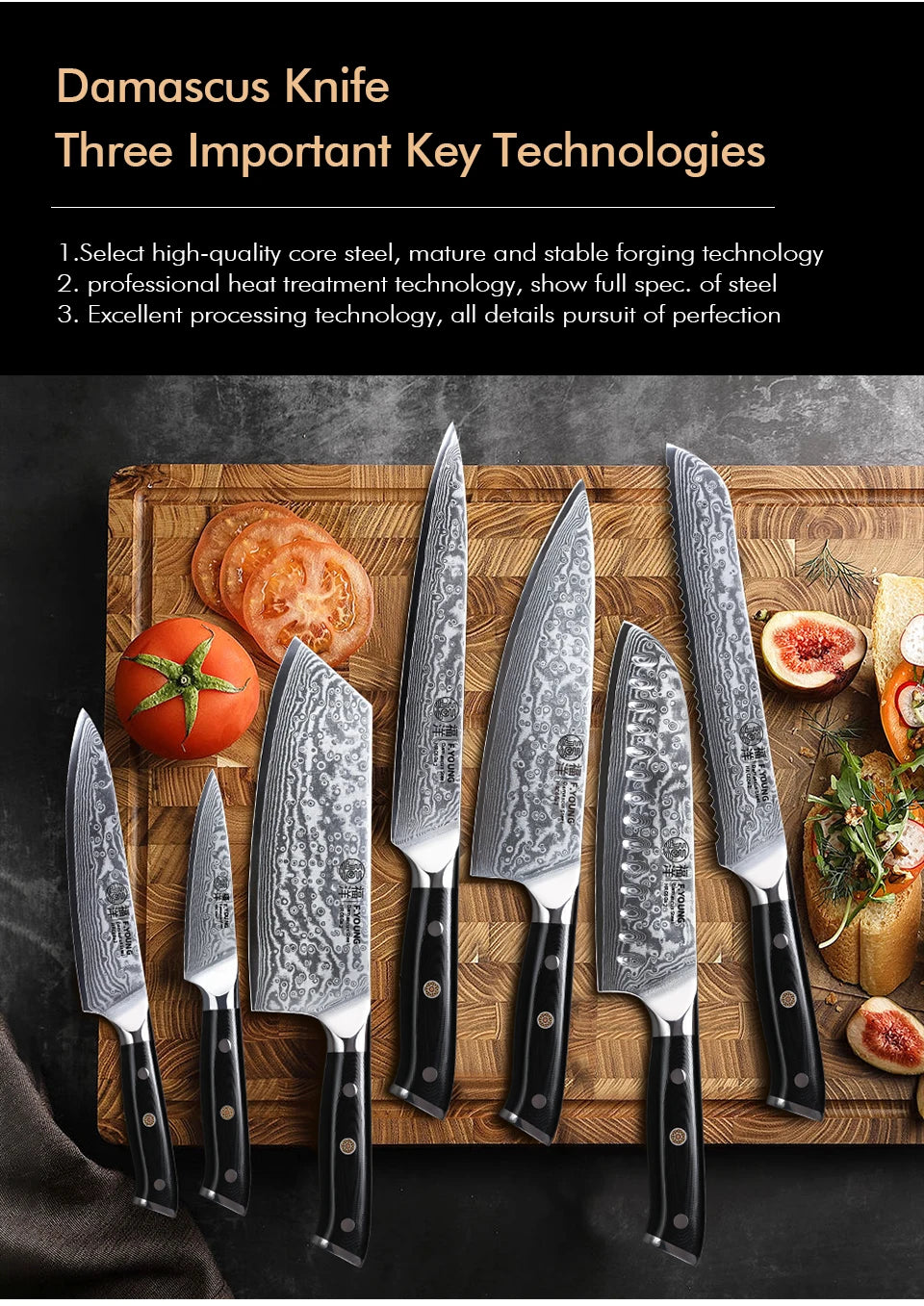 F.YOUNG Professional Kitchen Knives Damascus Steel Japanese Chef Knife Slicer Sashimi Utility Fruit Cooking Kitchenware Utensils