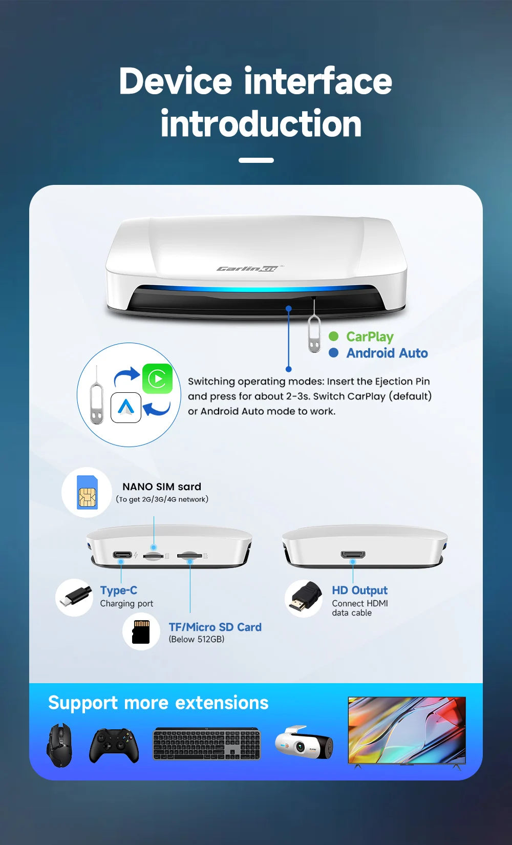 CarlinKit Wireless Carplay TV Box Smart 8+128G Android Auto AI Box  HDMI Output Android 13 Video Adapter For Youtube Kia IPTV