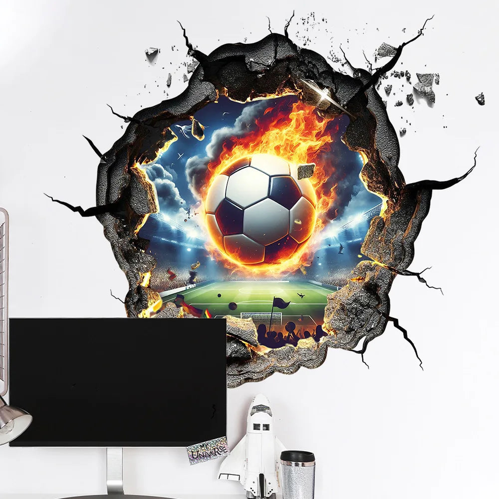 30x60cm Firepower Football Hole Breaking Wall Sticker Soccer Match Celebration Wall Decor Sport Boy Happy Birthday Party Decors