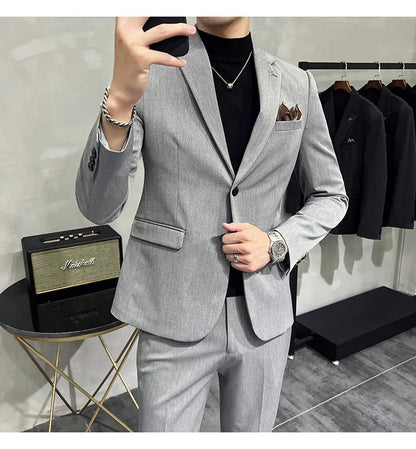 High quality Korean slim fit (suit + trousers) Fashion business handsome casual solid color wedding suit two-piece set