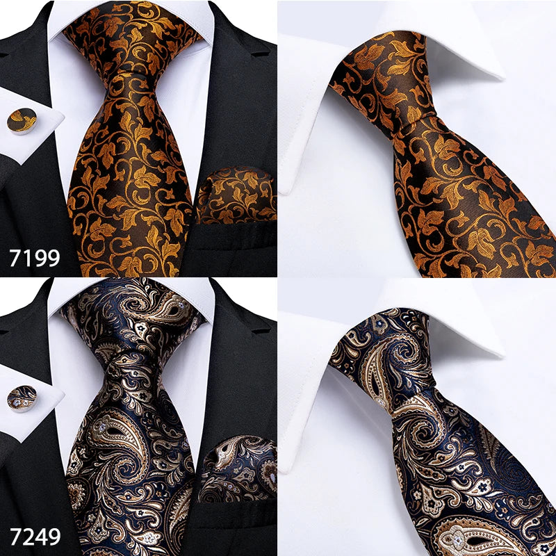 Fashion Men Tie Luxury Gold Black Dot Striped Paisley Silk Wedding Tie For Men DiBanGu Designer Hanky Cufflinks Gift Tie Set