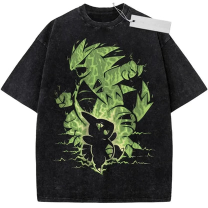 Oversize Vintage Washed Pokemon T Shirt Cute Mimikyu Cartoon with Small Ghost Companion Graffiti Print Streetwear Casual Wear