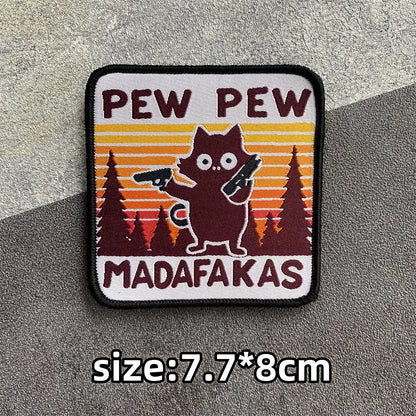 PEW PEW Madafakas Gun Tactical Morale Badge Patch Black Cat It's Fine Armband Fabric Patches Funny Hook & Loop  Backpack Emblems