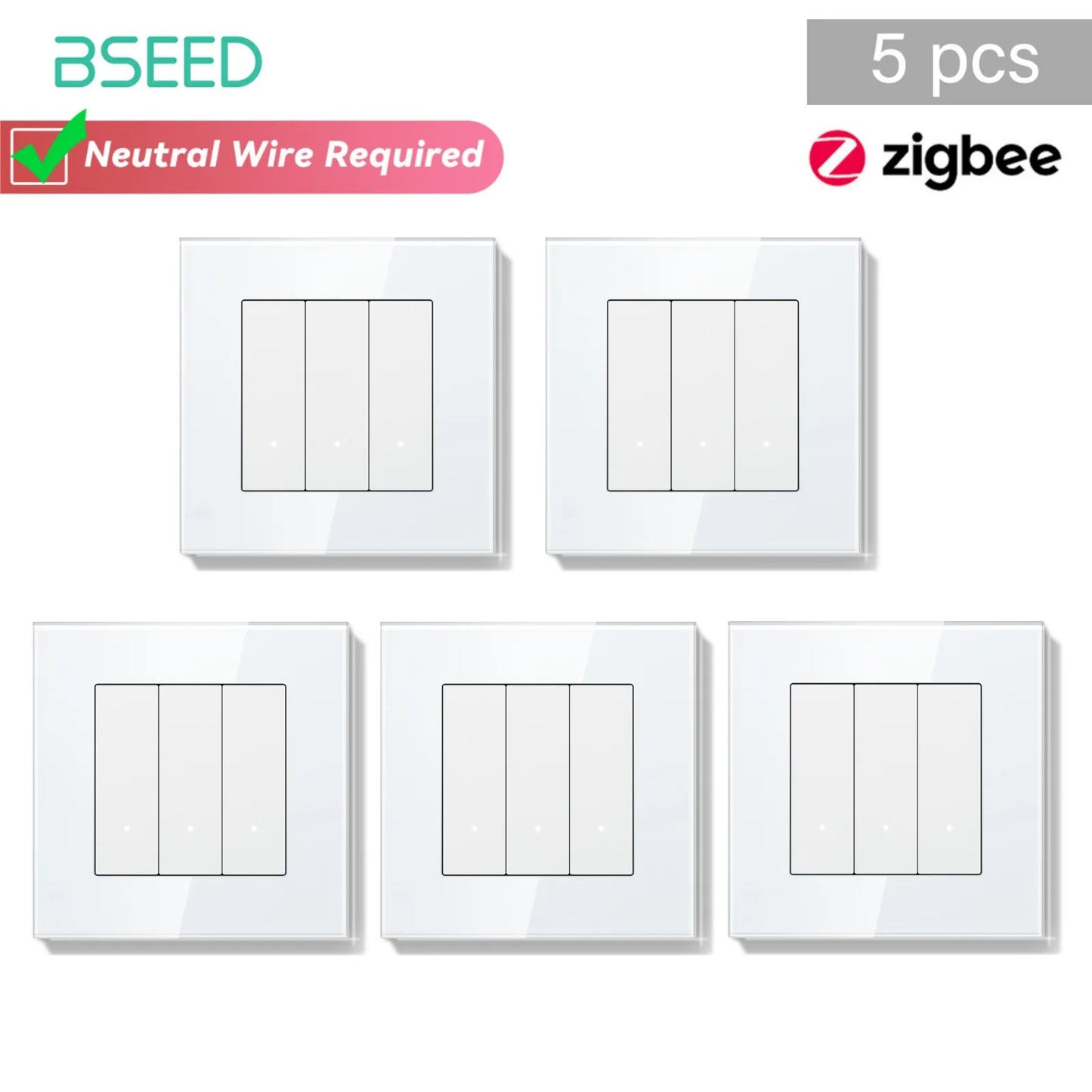 Bseed Zigbee Button Switchs Need Neutral Wire Tuya Smart Life Alexa App Control Glass Frame 86*86mm White Light Switch
