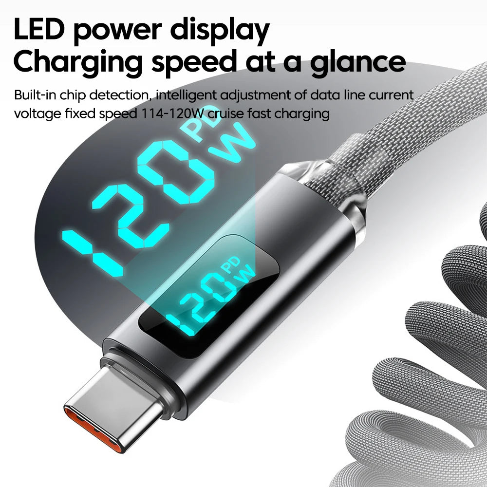 120W Spring Cable USB Type C To Type C Fast Charging LED Digital Display For iPhone 15 16 Samsung Huawei USB C To USB C Cable