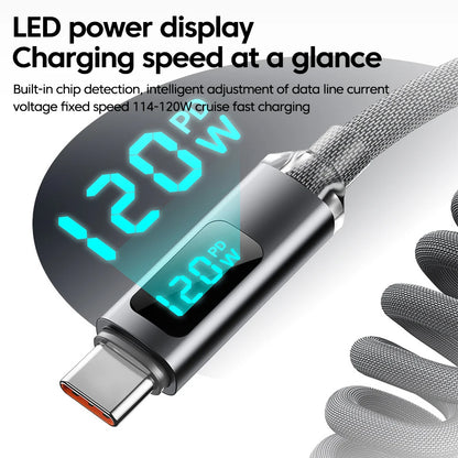 120W Spring Cable USB Type C To Type C Fast Charging LED Digital Display For iPhone 15 16 Samsung Huawei USB C To USB C Cable