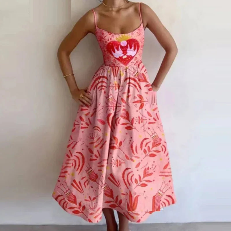 VEITCHE Fashion Women Print Suspenders Blue Ocean Fish Pattern Sexy Long Dress New Spring Summer 2025 Temperament Maxi Dresses
