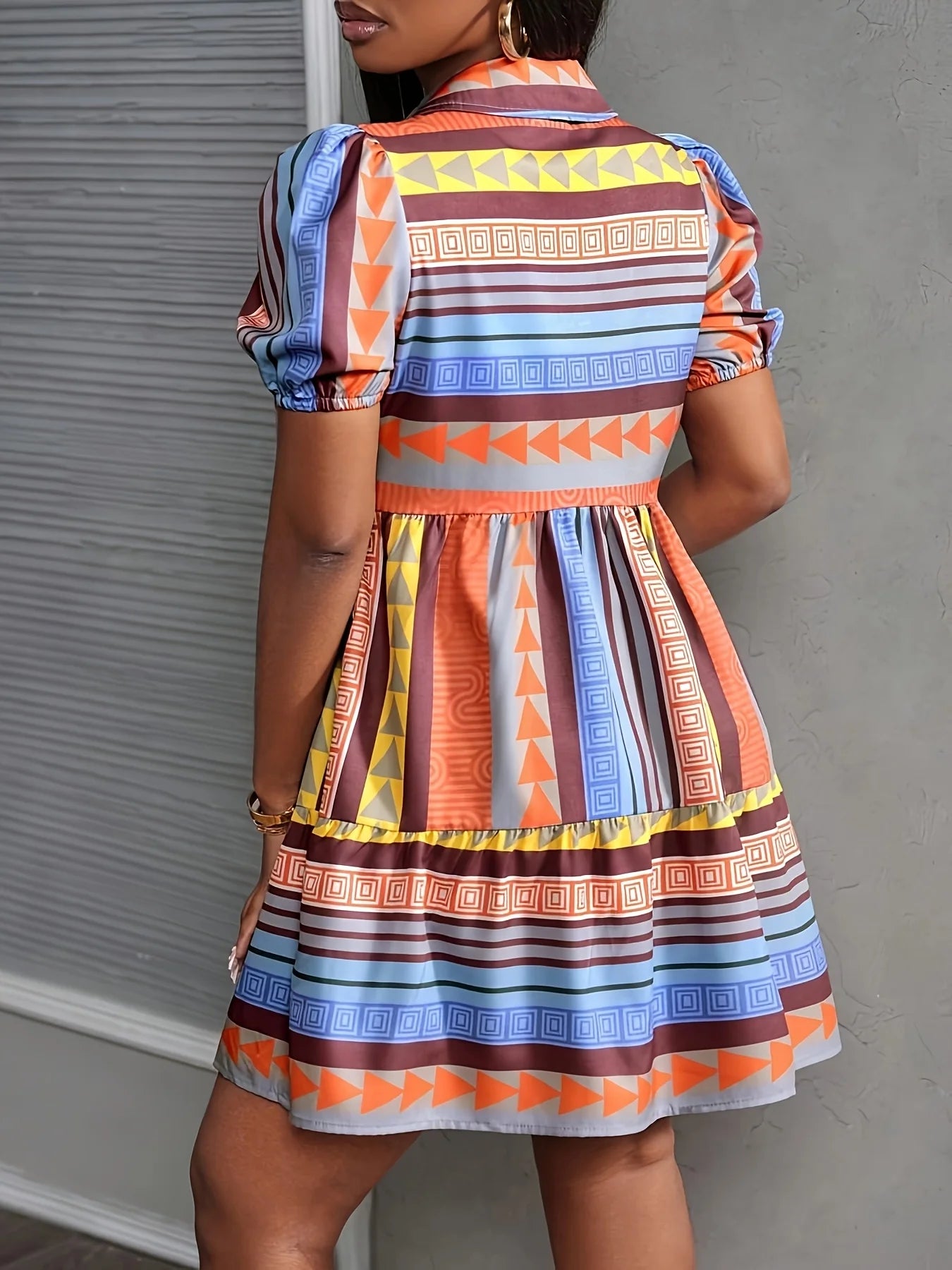 Summer Princess-Sleeve Geometric Print Shirt Dress, Suitable for Casual Vacations, Office Commutes, and Daily Home Wear