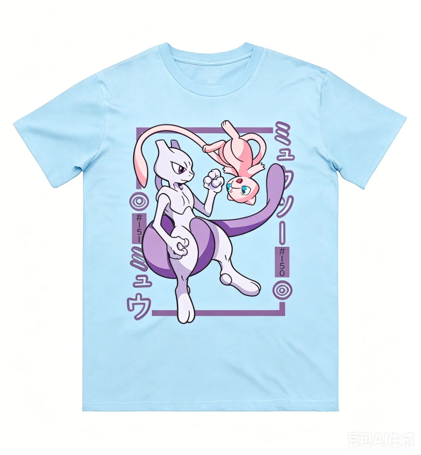 Pokémon Mewtwo Mew Printed Pure Cotton T-shirt for Men and Women Spring/Summer New Collection Fashion Short Sleeved Shirt