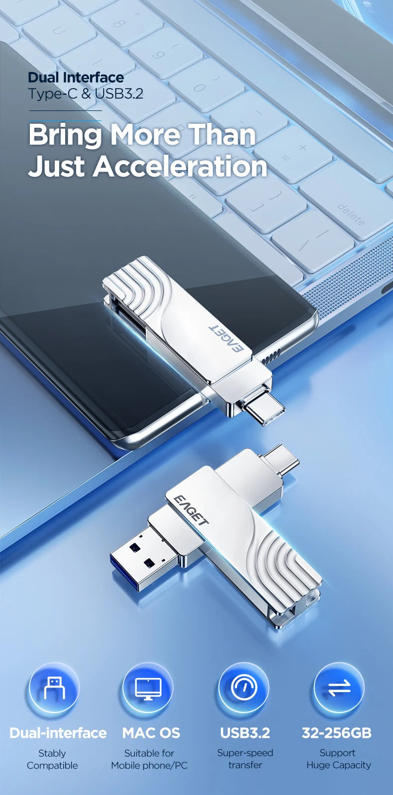 EAGET CF30 USB 3. 2 Type C To USB Flash Drive Pen Drive 1T 32GB 2 in 1 USB 3.2 Memory Stick Flash Disk Type-C Pendrive