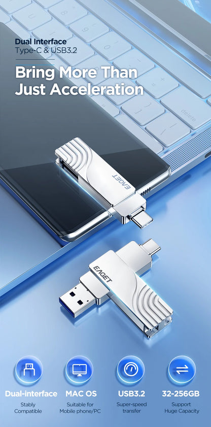 EAGET CF30 USB 3. 2 Type C To USB Flash Drive Pen Drive 1T 32GB 2 in 1 USB 3.2 Memory Stick Flash Disk Type-C Pendrive
