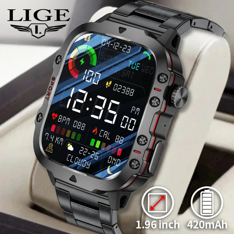 LIGE New Military Smart Watch Men Outdoor Sports 3ATM Waterproof  Blood Oxygen Bluetooth Call Watches Men Smartwatch For Android