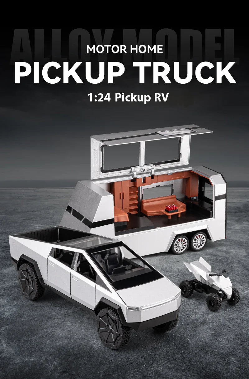 Cyber Truck Pickup Trailer RV Metal Alloy Toy Car Model Die-Casting Off-Road Vehicle Men's Gift Collection Truck Ornaments