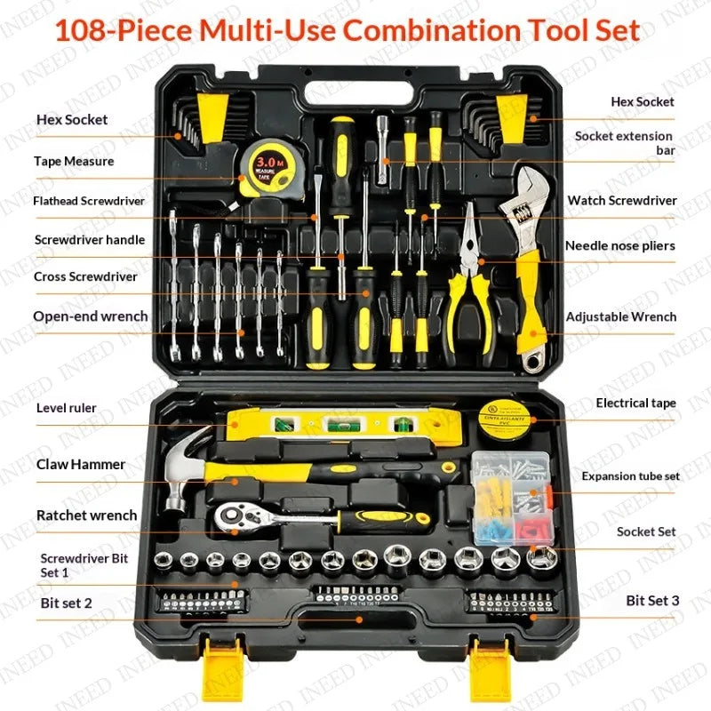108 Pcs/set Socket Wrench Auto Repair Tool Combination Package Mixed Tool Set Hand Tool Kit with Plastic Toolbox Storage Case