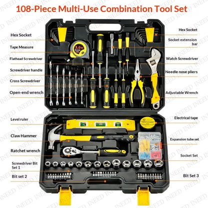 108 Pcs/set Socket Wrench Auto Repair Tool Combination Package Mixed Tool Set Hand Tool Kit with Plastic Toolbox Storage Case