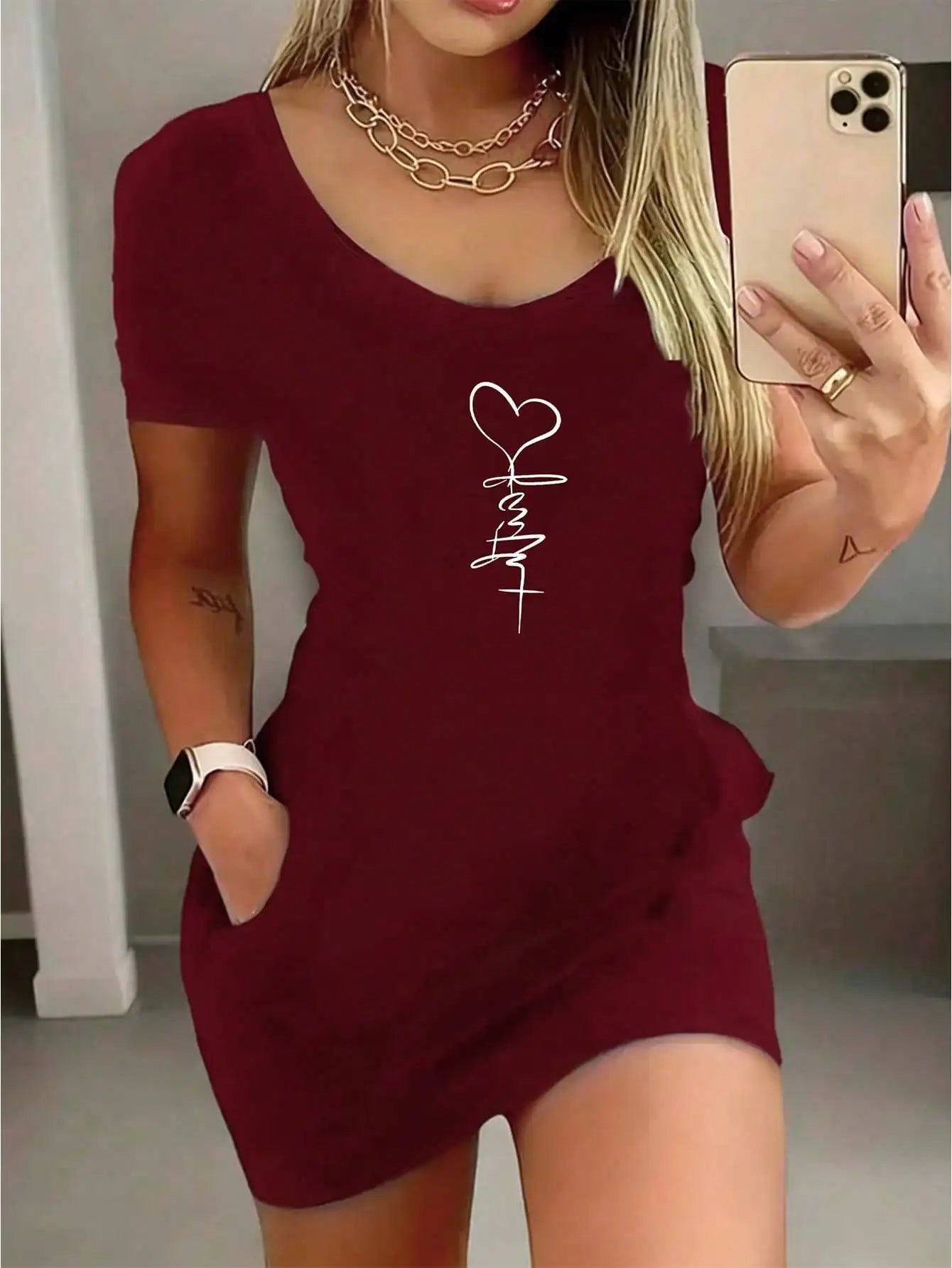 2026 Women's Casual Elegant Style Sun Moon Pattern Solid Color Round Neck Short Sleeve Women's Sexy Dress Short Skirt