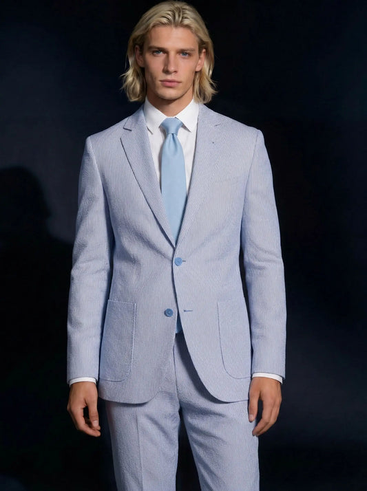All Match Men Summer 2 Piece Suit Striped Seersucker Light Non Iron Slim Blazer Trousers For Daily Social Events