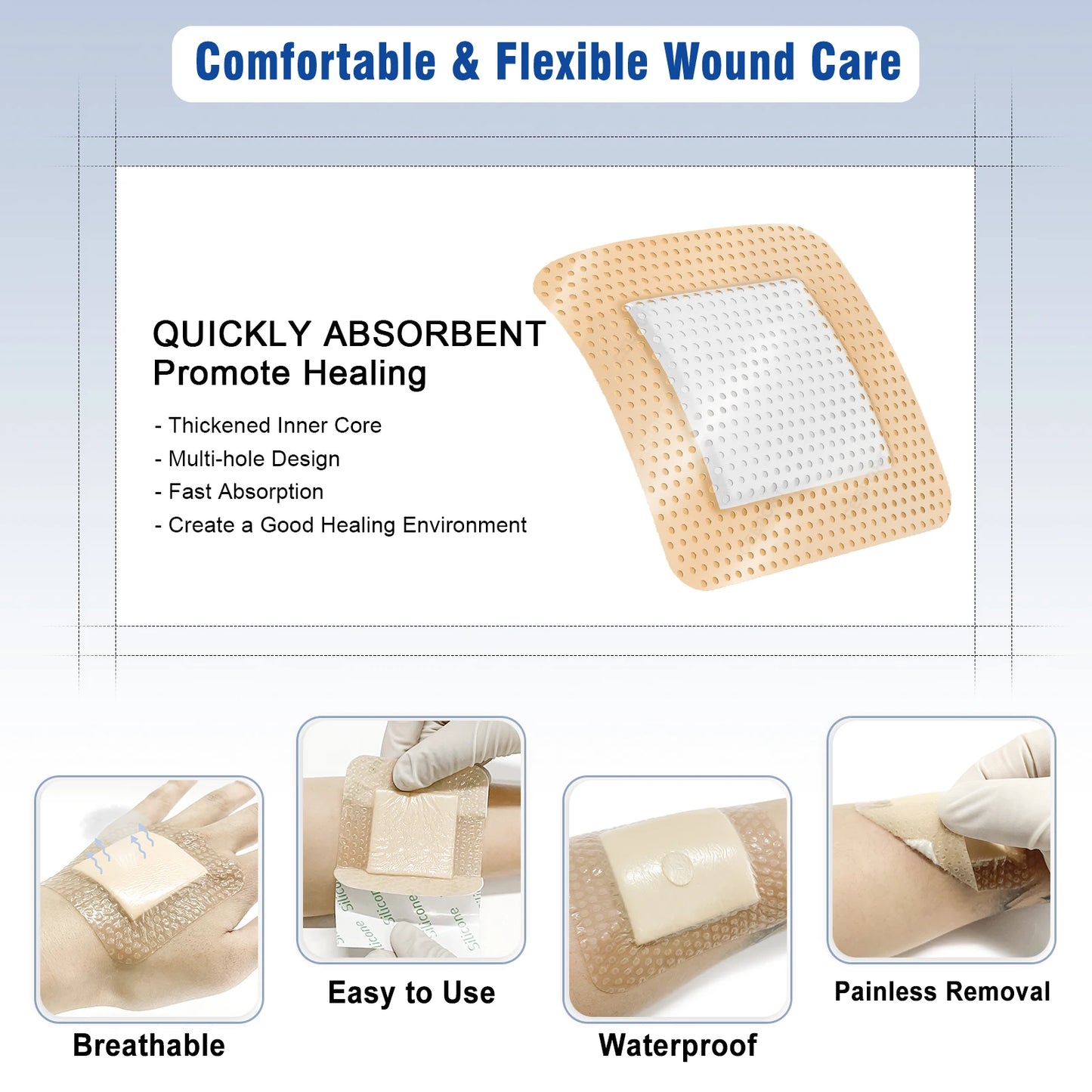 10pcs 3"x3"Silicone Foam Dressing Waterproof and High Absorbency Wound Bandage,Silicone Foam Border Pad for Wound Care