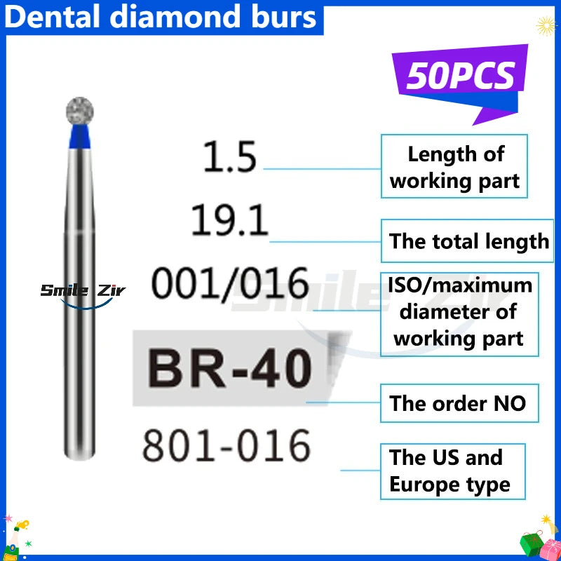 50Pcs Dental Dentist Diamond Burs Drill FG 1.6mm Bur for High Speed Handpiece FG Dental Bur Stomatology Dentistry Grinding Tools