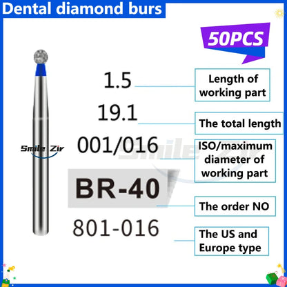 50Pcs Dental Dentist Diamond Burs Drill FG 1.6mm Bur for High Speed Handpiece FG Dental Bur Stomatology Dentistry Grinding Tools