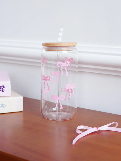 1/2/4/6Pcs Glass Cups with Bowknot Print, with Lid and Straw, Exquisite and High-End Bowknot Glass Cups, Suitable for Home Decoration, Daily Household Drinking Cups, Outdoor Picnic Cups, Party Cups, Breakfast Milk Cups, Gift-