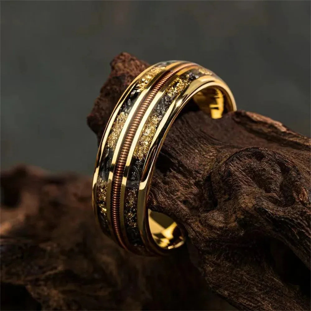 Fashion 8mm Rose Gold Color Stainless Steel Guitar String Rings for Men Koa Wood Inlay Ring Whiskey Barrel Mens Wedding Band