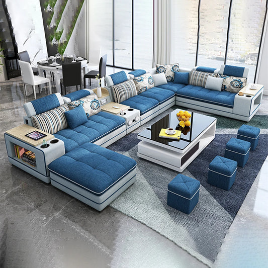 Modern U-Shaped Fabric Couch with Stools, Sectional Sofa Set with Storage Console & Cup Holder, Modular Corner Sofa with Pillows