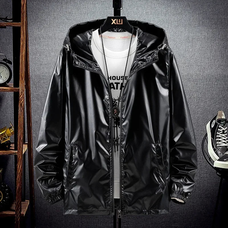 KIDWHXR Autumn Bright Surface Hooded Jackets Man Long Sleeve Zipper Male Coat Windproof Outdoor Sport Casual Men Outerwear
