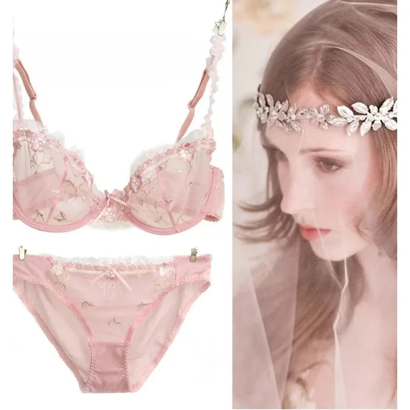 Ultra-thin steel band bra, fashionable plus-size lace lingerie set, transparent comfy bra set, soft material, S-XL all-day wear