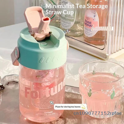 600/800ml Large Capacity Sports Water Bottle With Hidden Straw Portable Sealed Leak-Proof Plastic Cup Outdoor Travel Camping
