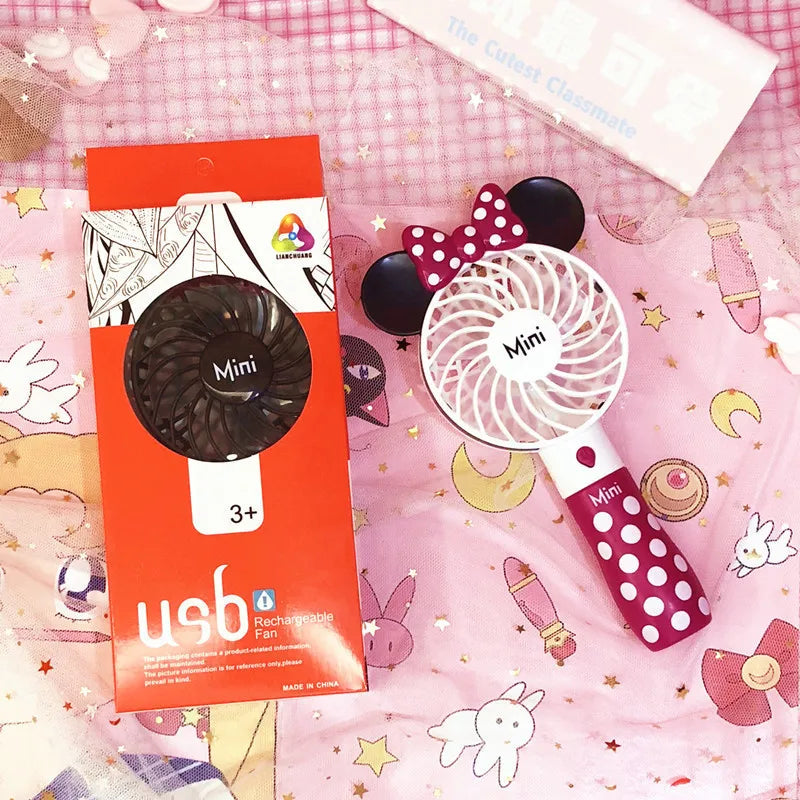 Handheld USB Charging Fan Cartoon Anime Character Mickey Mouse Shaped Desktop Electric Fan Kawaii Night Light Fan Toys Gif