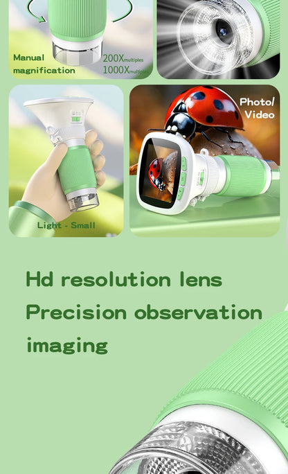 Kids Handheld Microscope with 2.4 Inch IPS HD Screen, 200X & 1000X Magnification, Photo/Video Recording, for Children Ages 6-12