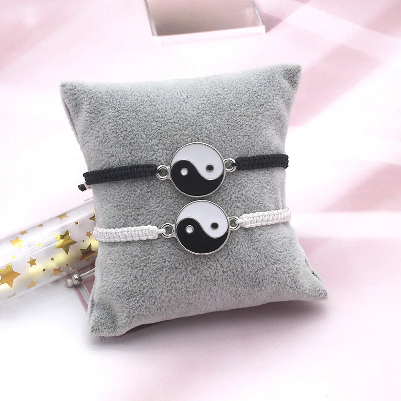 Couple Bracelets Rings Yin Yang Tai Chi Alloy Pendant Adjustable Braid Chain Necklace Matching Lover Bracelet Necklace Earring
