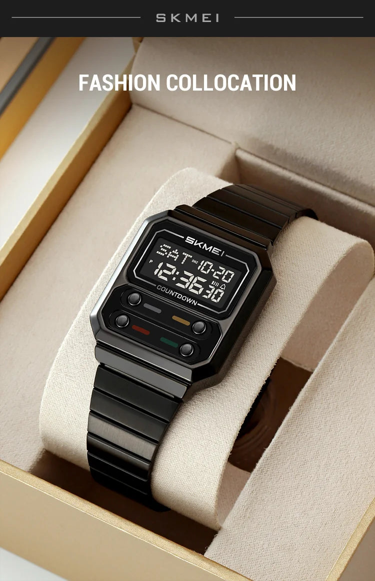 SKMEI 2448 Fashion Men Electronic Watch Vintage Business Luminous Calendar Waterproof Steel Strap Casual Digital Watches for Man