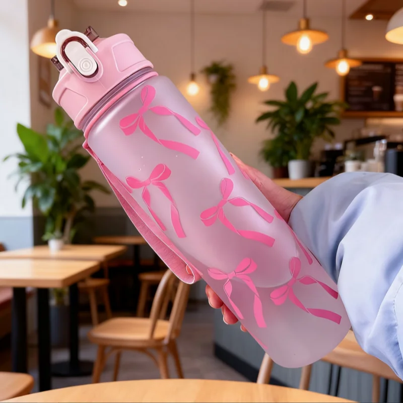 750ML Matte PC Water with Cute Bowknot Pattern Leakproof Includes Straw and Carry Handle Spring-Loaded Lid Bottle