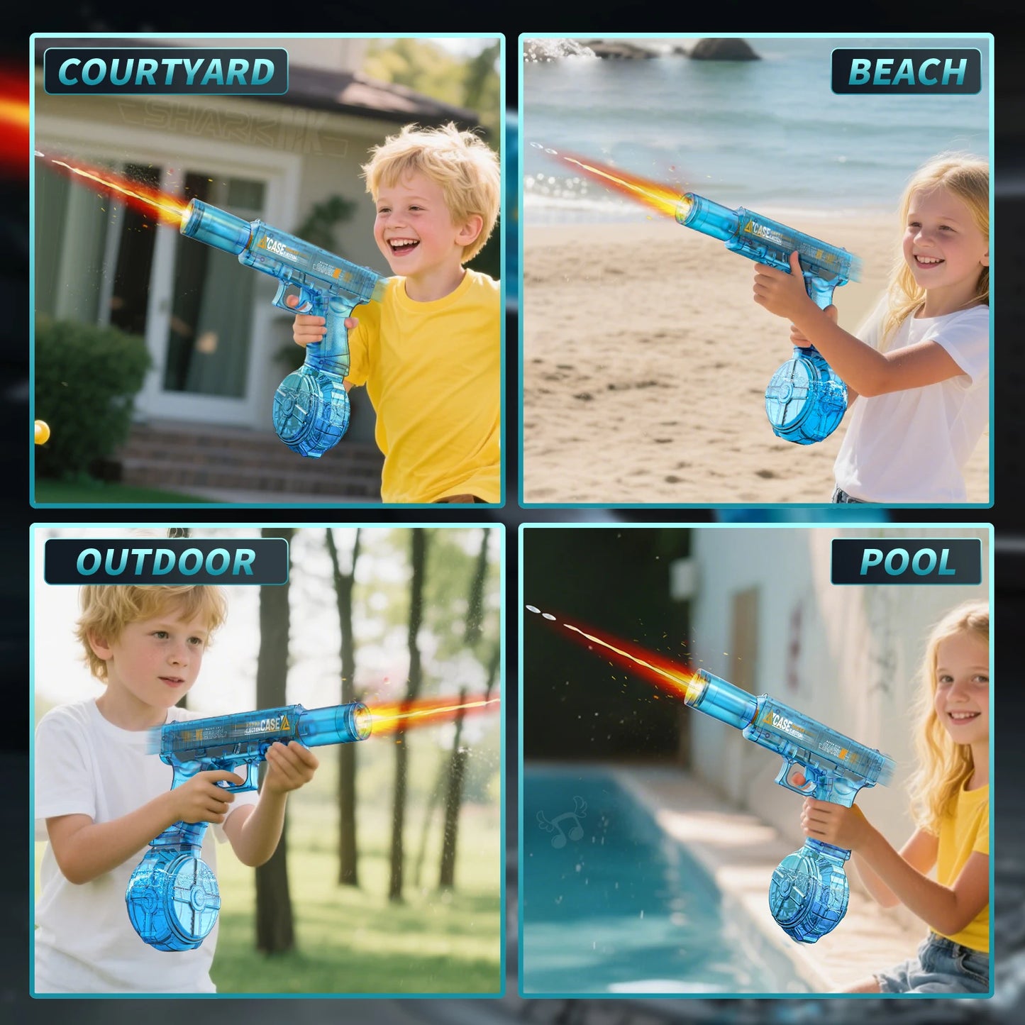 Electric Water Gun, Automatic Squirt with Pistol Realistic Gun Muzzle Flame Summer Outdoor Beach Swimming Pool Party Toy