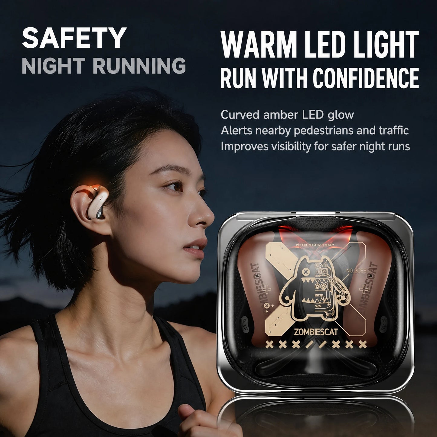 ZOMBIECAT B22 Open Ear Wireless Earbuds Bluetooth 6.0 14mm Driver Sport Headphones LED Light AI Translation for Running Cycling
