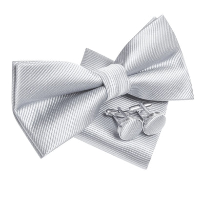 Hi-Tie Mens Bow Tie Hanky Cufflinks Set White Black Gray Silver Pre-tied Butterfly Knot Bowtie for Male Wedding silk Business