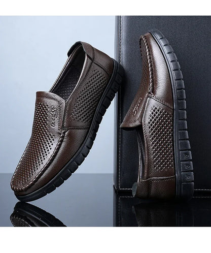 Men's Slip-On Loafers Summer Hollow Out Breathable Casual Shoes Comfortable Soft Sole Anti-Slip Leather Shoes-8822