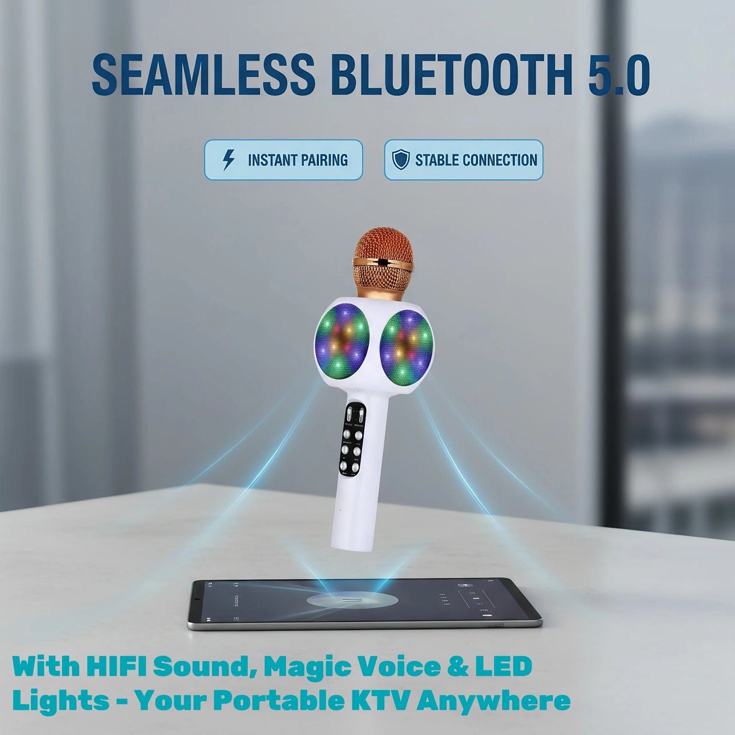 Magic Voice Karaoke Microphone, Wireless Bluetooth Speaker with 4 Voice Changer, Colorful LED Lights, HIFI Sound, for Party Gift