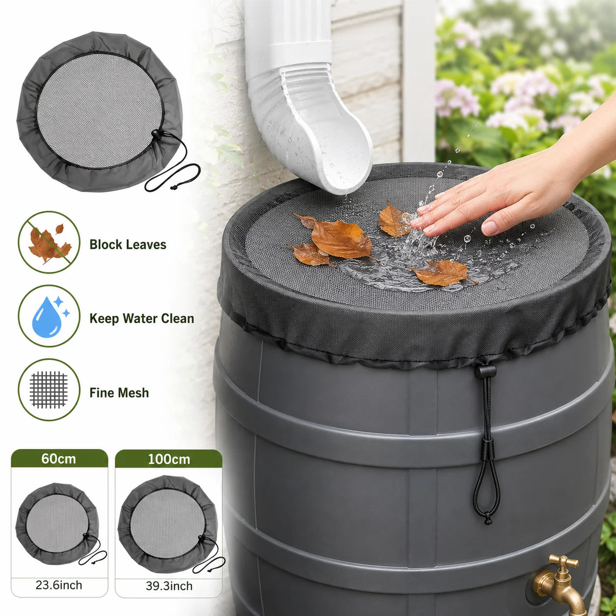 Rainwater Collector Tank Mesh Cover Drawstring Screen Net for Rain Barrel Water Bucket Garden Outdoor Cleaning Tool Use Reusable