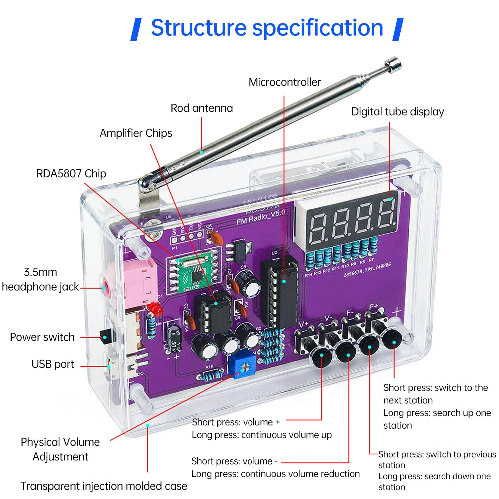 DIY FM Radio Electronic Kit Adjustable Frequency 87-108MHz Practice Soldering RDA5807S Digital Display DIY Soldering HU-017B