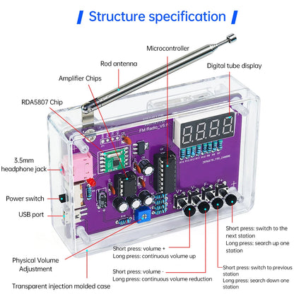 DIY FM Radio Electronic Kit Adjustable Frequency 87-108MHz Practice Soldering RDA5807S Digital Display DIY Soldering HU-017B